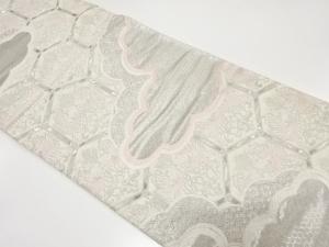 プラチナ箔　雲に亀甲・向かい鴛鴦模様織り出し　袋帯